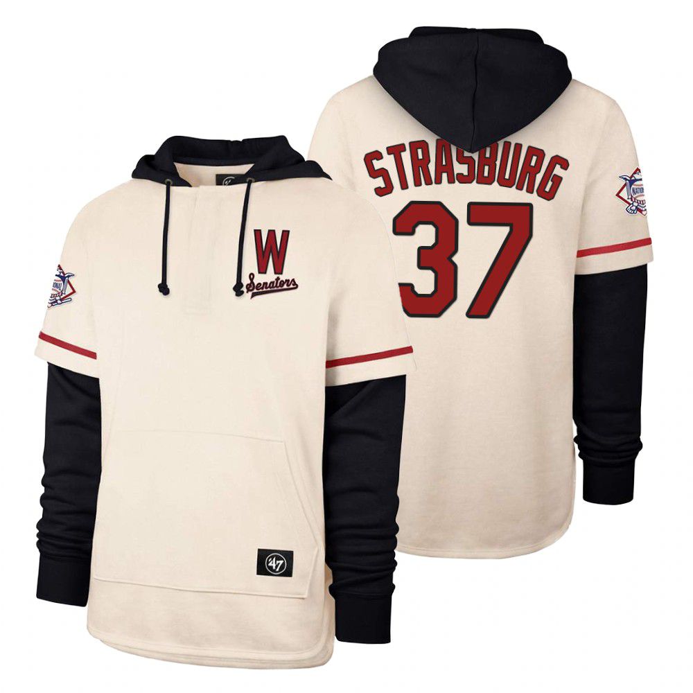 Men Washington Nationals #37 Strasburg Cream 2021 Pullover Hoodie MLB Jersey